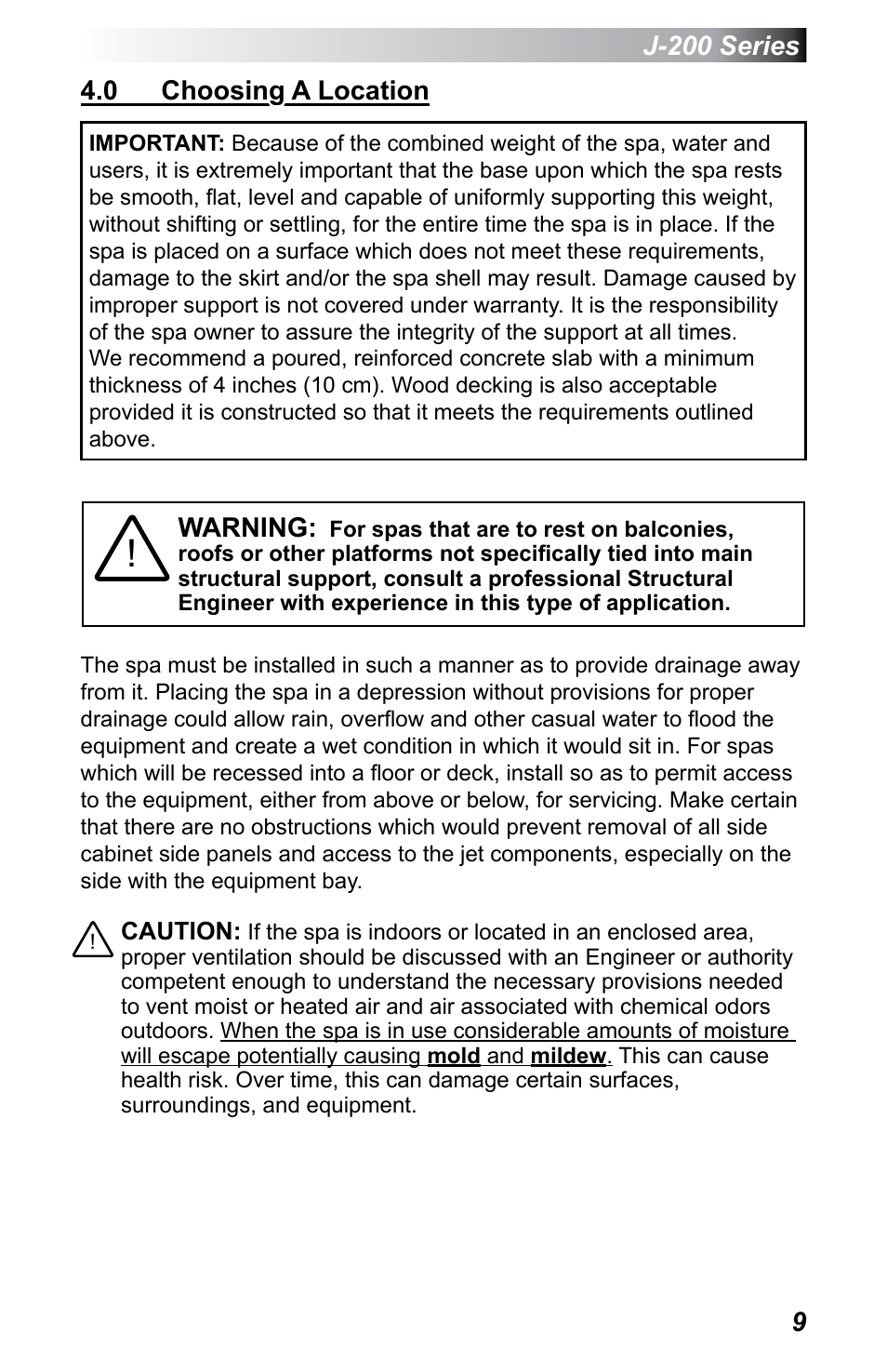 0 choosing a location, Choosing a location | Jacuzzi J - 230 User Manual | Page 13 / 60