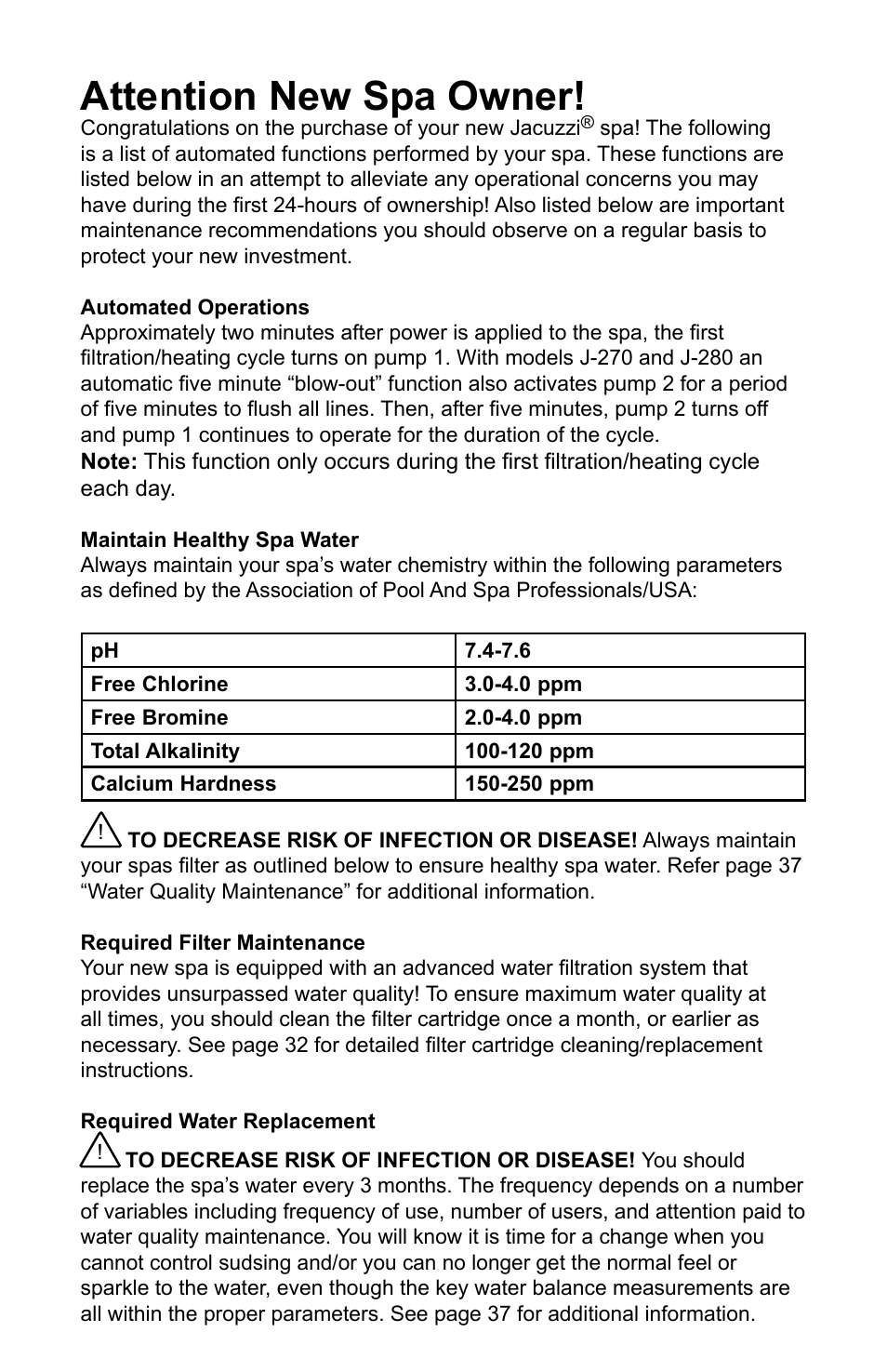 Attention new spa owner | Jacuzzi J - 230 User Manual | Page 2 / 60