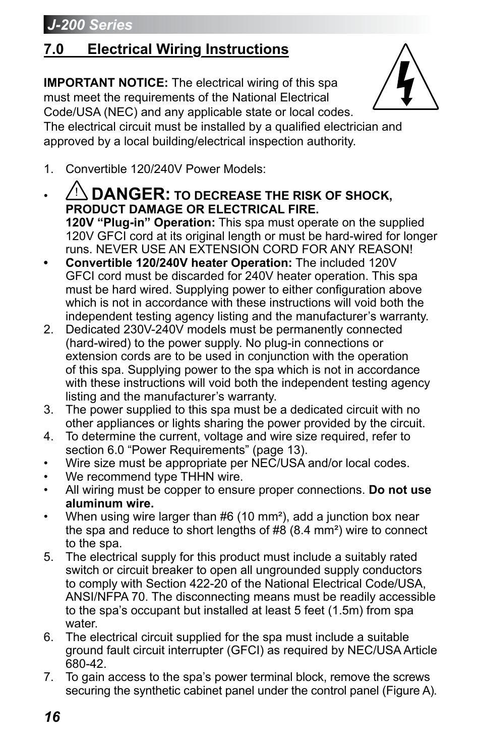 0 electrical wiring instructions, Electrical wiring instructions, Danger | Jacuzzi J - 230 User Manual | Page 20 / 60