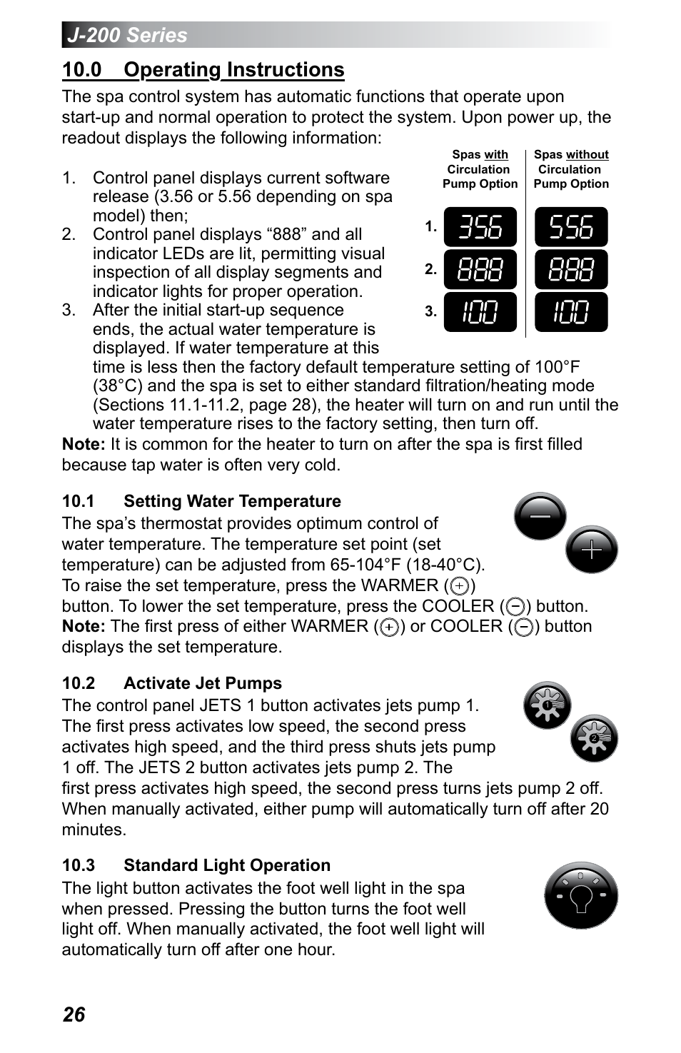 0 operating instructions, 1 setting water temperature, 2 activate jet pumps | 3 standard light operation | Jacuzzi J - 230 User Manual | Page 30 / 60