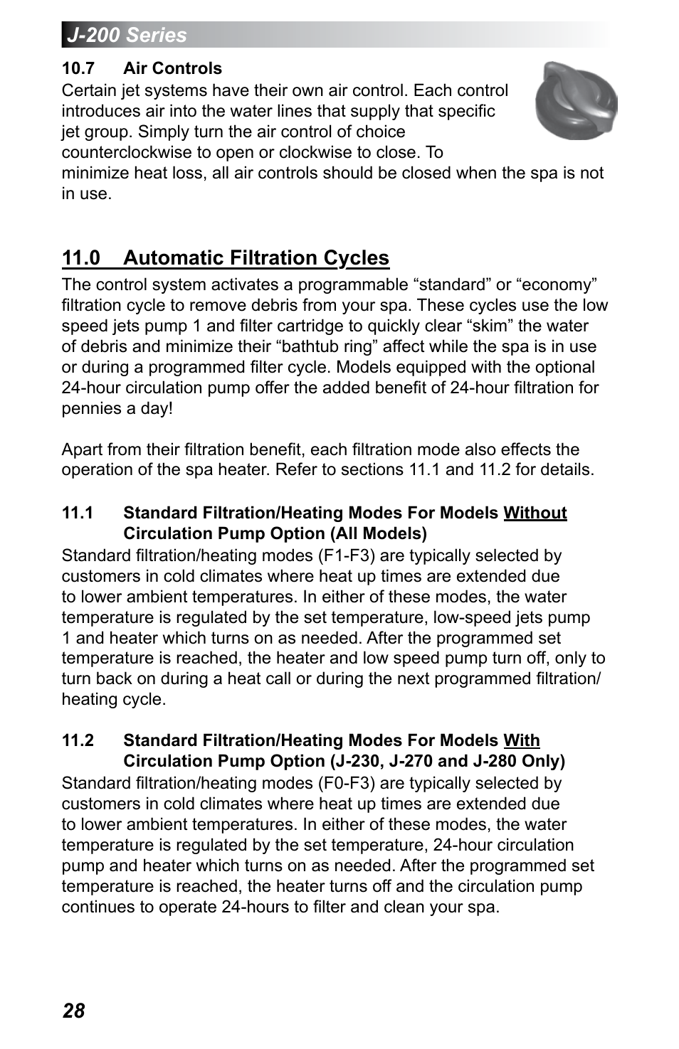 7 air controls, 0 automatic filtration cycles, Circulation pump option (all models) | Jacuzzi J - 230 User Manual | Page 32 / 60