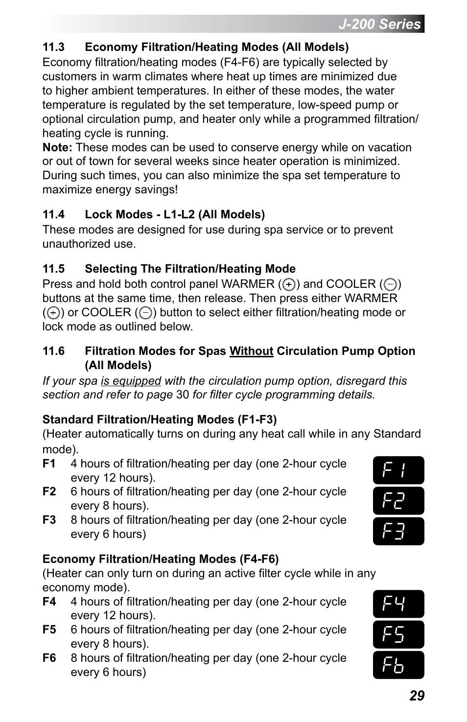 3 economy filtration/heating modes (all models), 4 lock modes - l1-l2 (all models), 5 selecting the filtration/heating mode | Option (all models), J-200 series | Jacuzzi J - 230 User Manual | Page 33 / 60