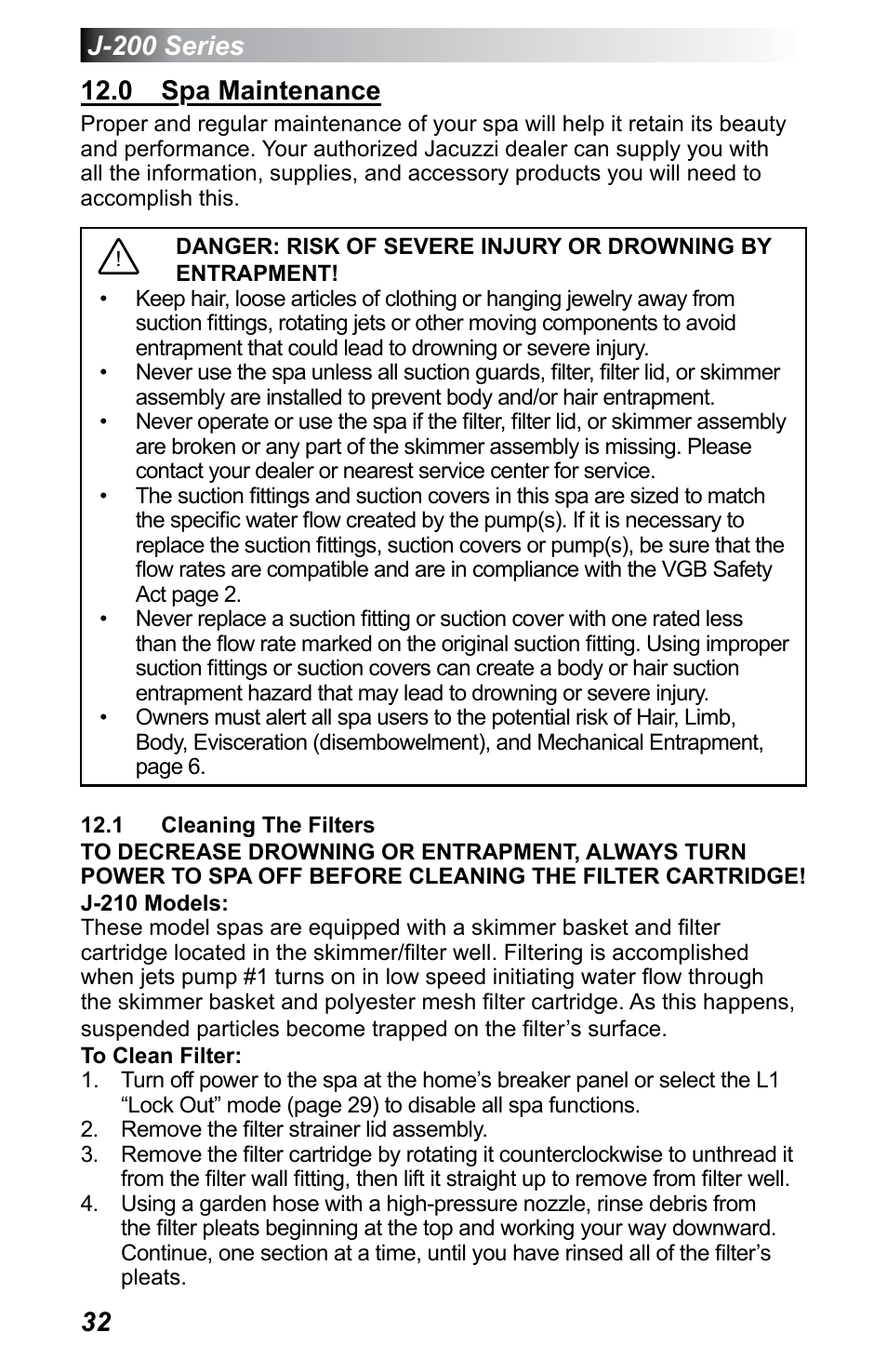 0 spa maintenance, 1 cleaning the filters, 0 spa maintenance 12.1 cleaning the filters | Jacuzzi J - 230 User Manual | Page 36 / 60