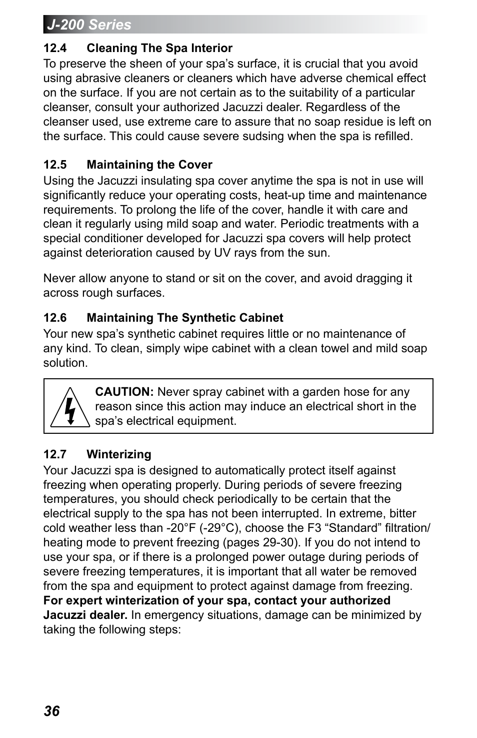 4 cleaning the spa interior, 5 maintaining the cover, 6 maintaining the synthetic cabinet | 7 winterizing, J-200 series | Jacuzzi J - 230 User Manual | Page 40 / 60