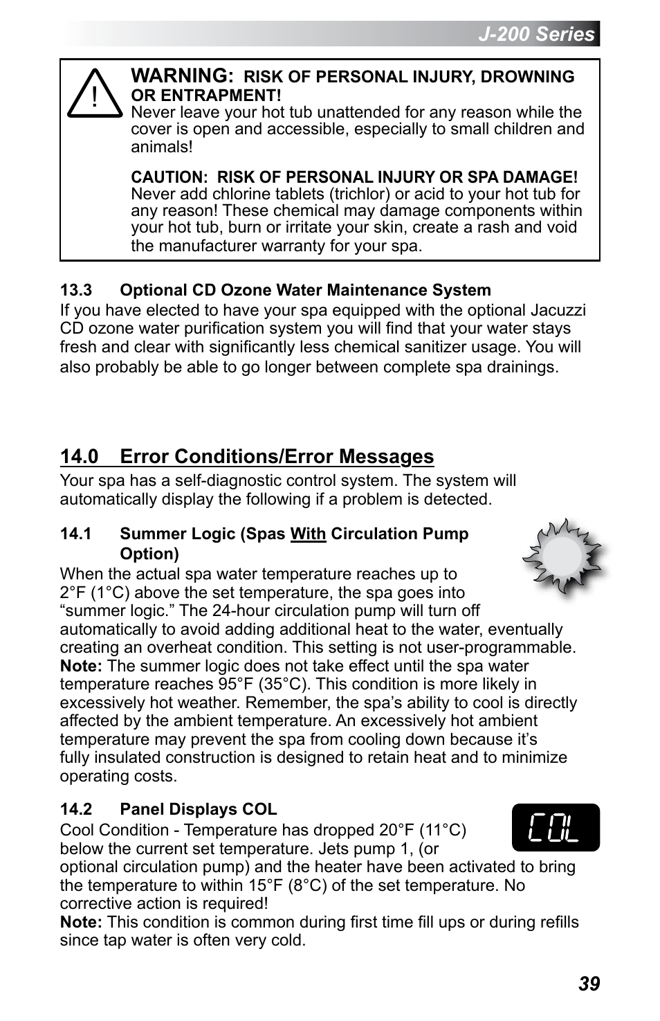 3 optional cd ozone water maintenance system, 0 error conditions/error messages, 1 summer logic (spas with circulation pump option) | 2 panel displays col | Jacuzzi J - 230 User Manual | Page 43 / 60