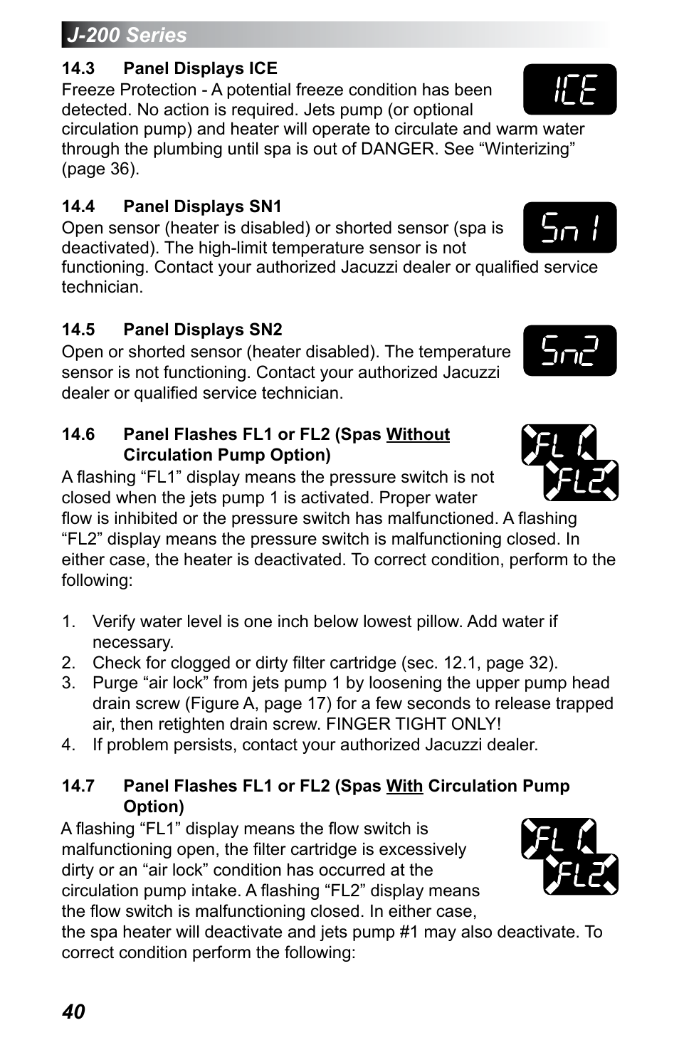 3 panel displays ice, 4 panel displays sn1, 5 panel displays sn2 | Option), J-200 series | Jacuzzi J - 230 User Manual | Page 44 / 60