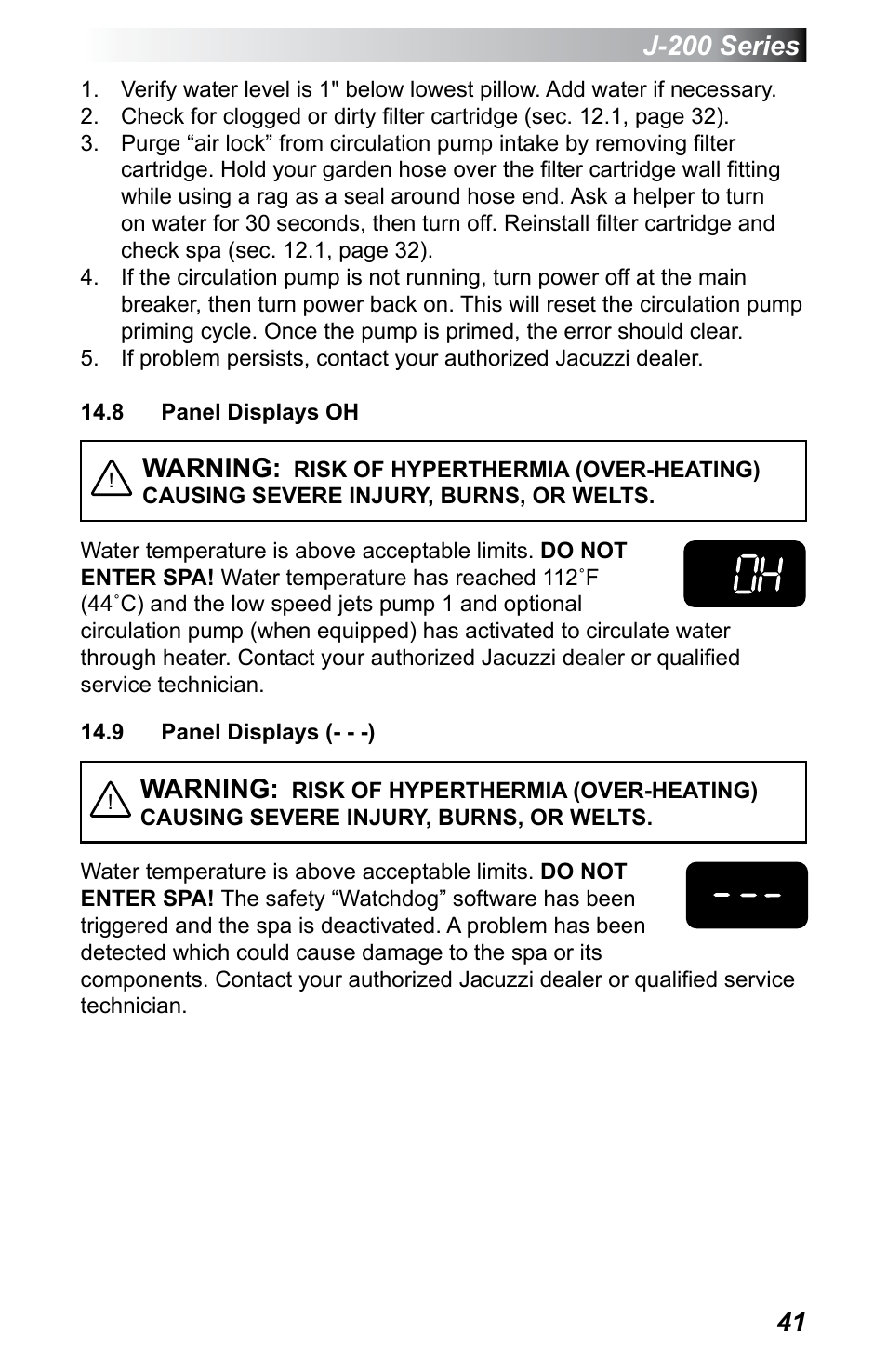 8 panel displays oh, 9 panel displays (- - -), 8 panel displays oh 14.9 panel displays (- - -) | J-200 series, Warning | Jacuzzi J - 230 User Manual | Page 45 / 60