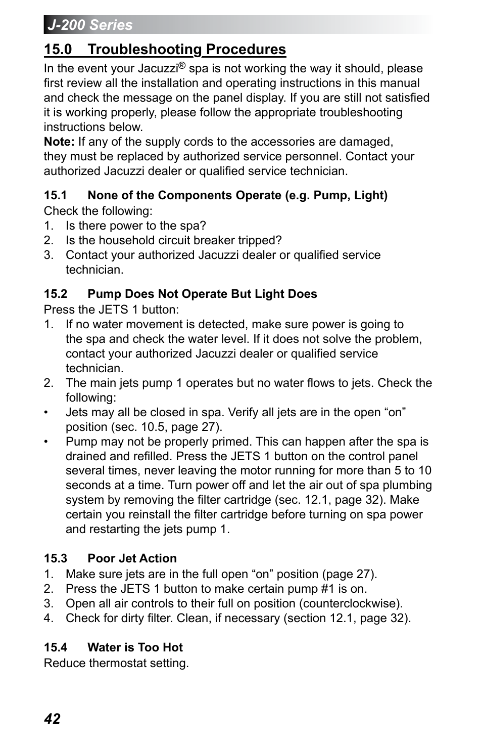 0 troubleshooting procedures, 2 pump does not operate but light does, 3 poor jet action | 4 water is too hot | Jacuzzi J - 230 User Manual | Page 46 / 60