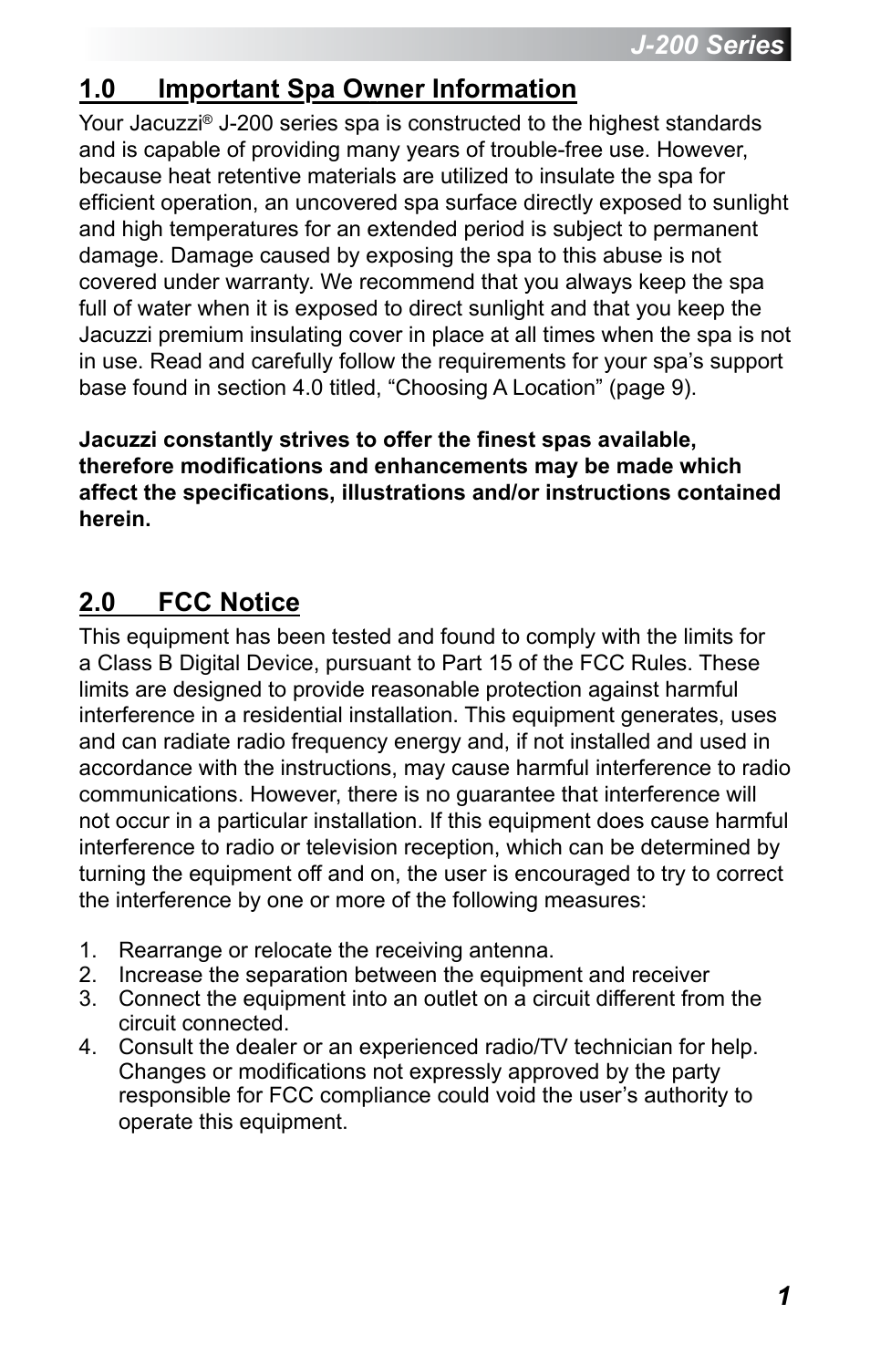 0 important spa owner information, 0 fcc notice, Important spa owner information | Fcc notice | Jacuzzi J - 230 User Manual | Page 5 / 60