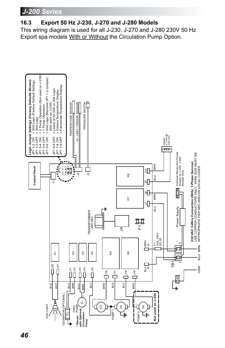 3 export 50 hz j-230, j-270 and j-280 models, J-200 series, J4 f1 | Jacuzzi J - 230 User Manual | Page 50 / 60