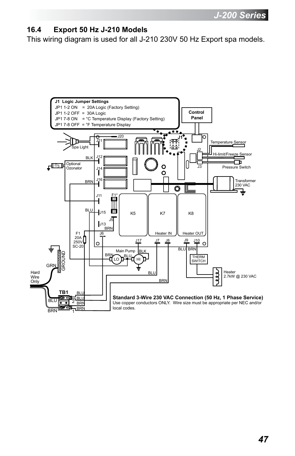 4 export 50 hz j-210 models, J-200 series | Jacuzzi J - 230 User Manual | Page 51 / 60