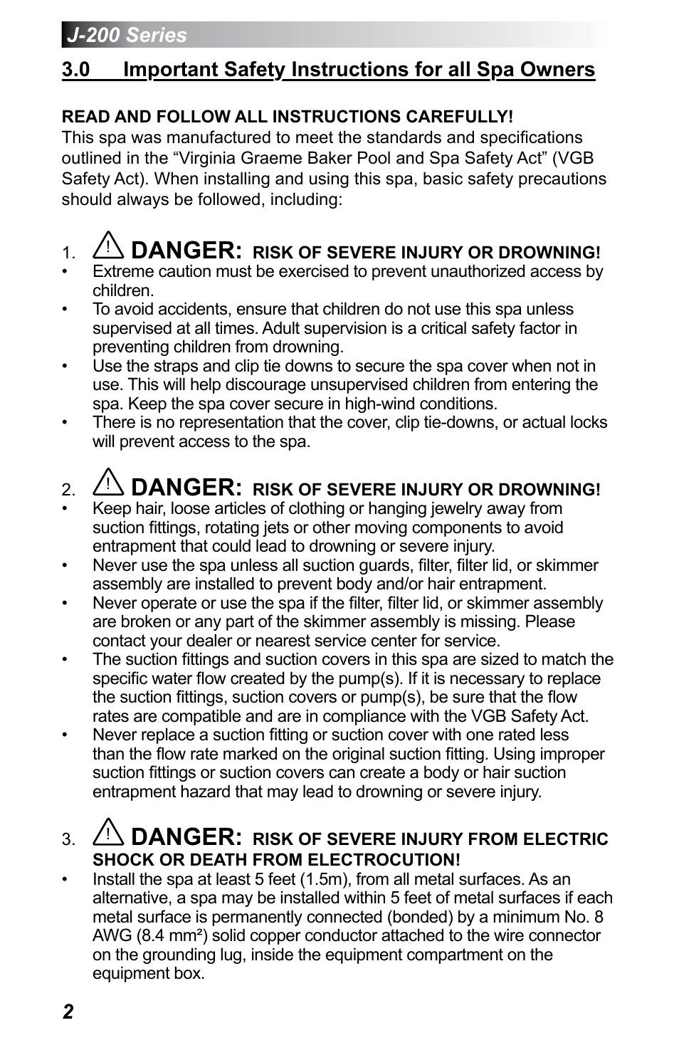 0 important safety instructions for all spa owners, Important safety instructions for all spa owners, Danger | Jacuzzi J - 230 User Manual | Page 6 / 60