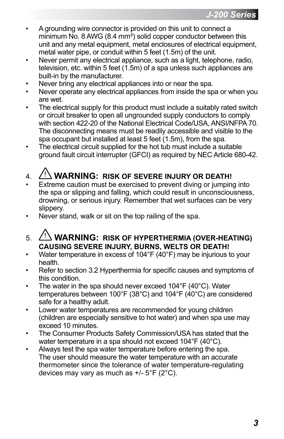 J-200 series, Warning | Jacuzzi J - 230 User Manual | Page 7 / 60