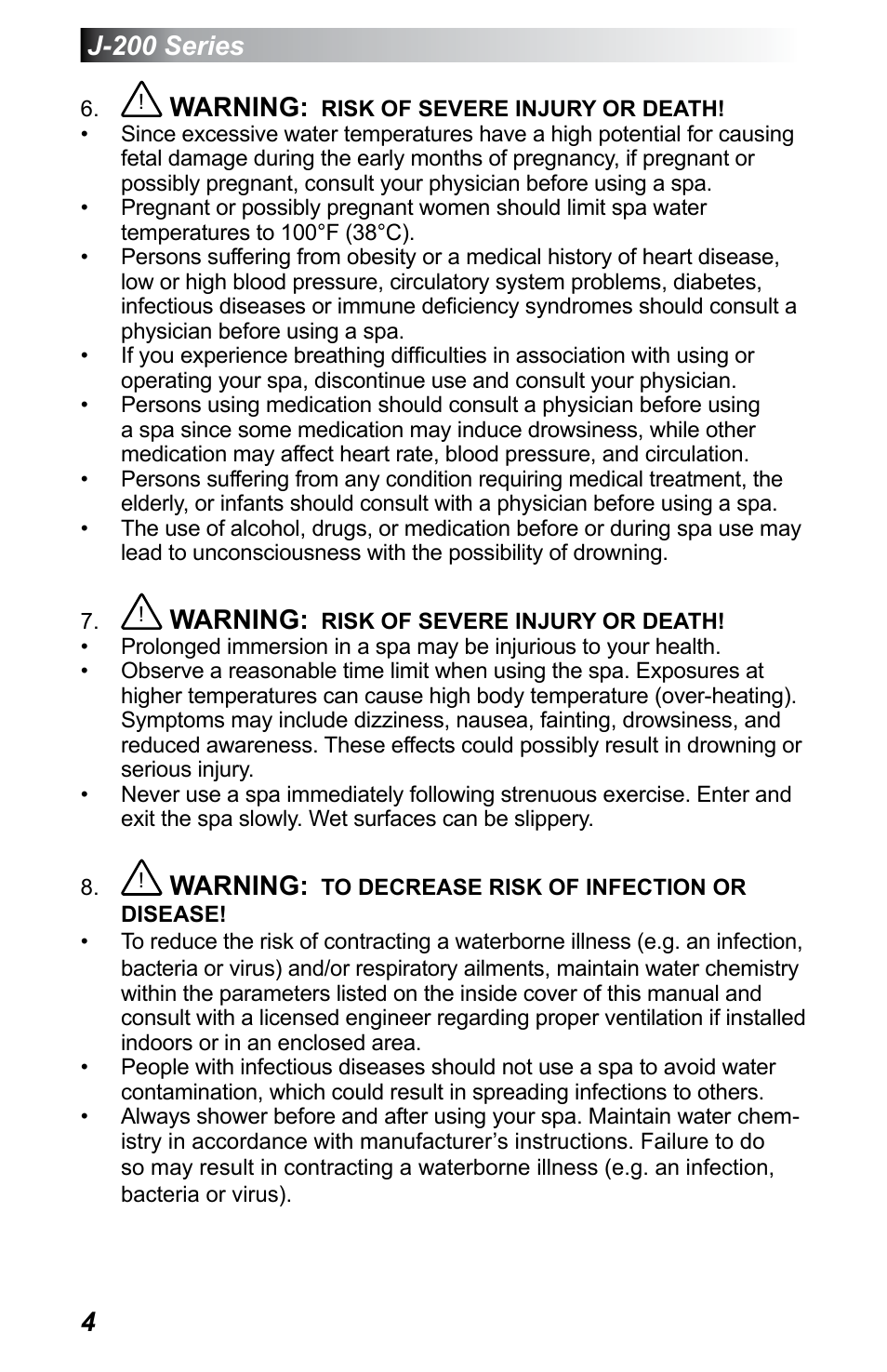 J-200 series, Warning | Jacuzzi J - 230 User Manual | Page 8 / 60