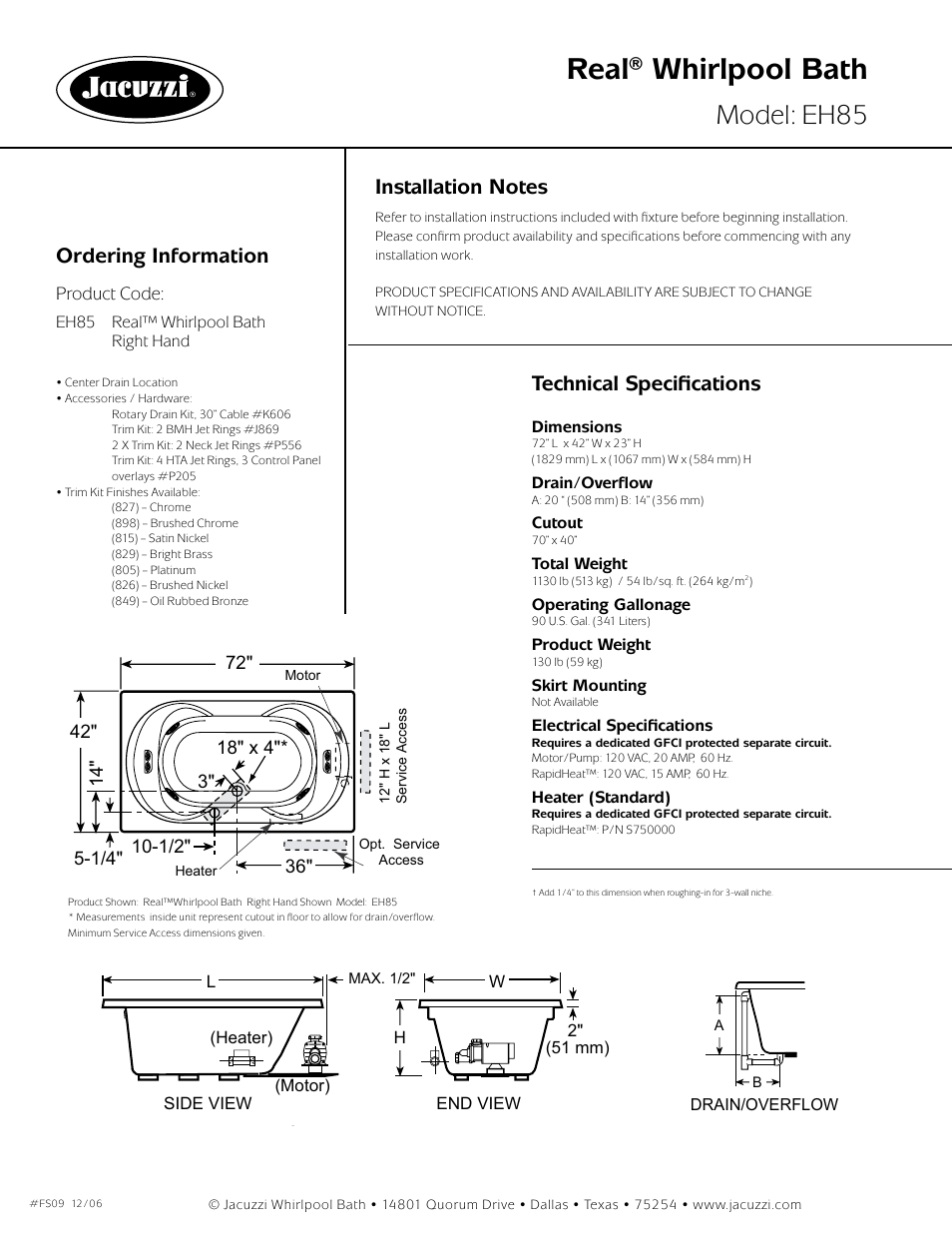 Real® whirlpool bath, Model: eh85, Ordering information | Technical specifications, Reál™, right hand | Jacuzzi Real EH85 User Manual | Page 2 / 2