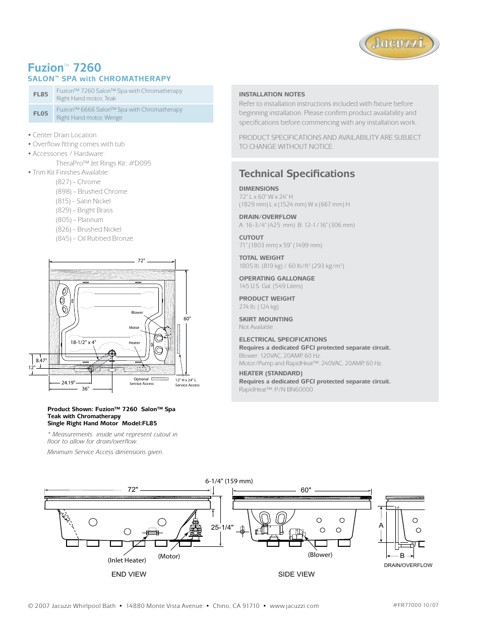 Fuzion, Technical specifications | Jacuzzi Fuzion FL85 User Manual | Page 2 / 2