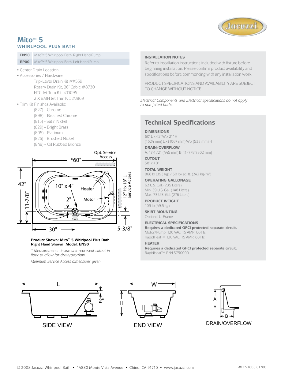 Mito, Technical specifications | Jacuzzi Mito EP00 User Manual | Page 2 / 2