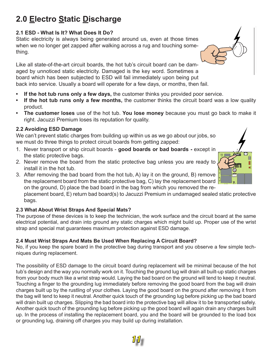 0 electro static discharge, 1 esd - what is it? what does it do, 2 avoiding esd damage | 3 what about wrist straps and special mats, 11 2.0 electro static discharge | Jacuzzi j315 User Manual | Page 11 / 62