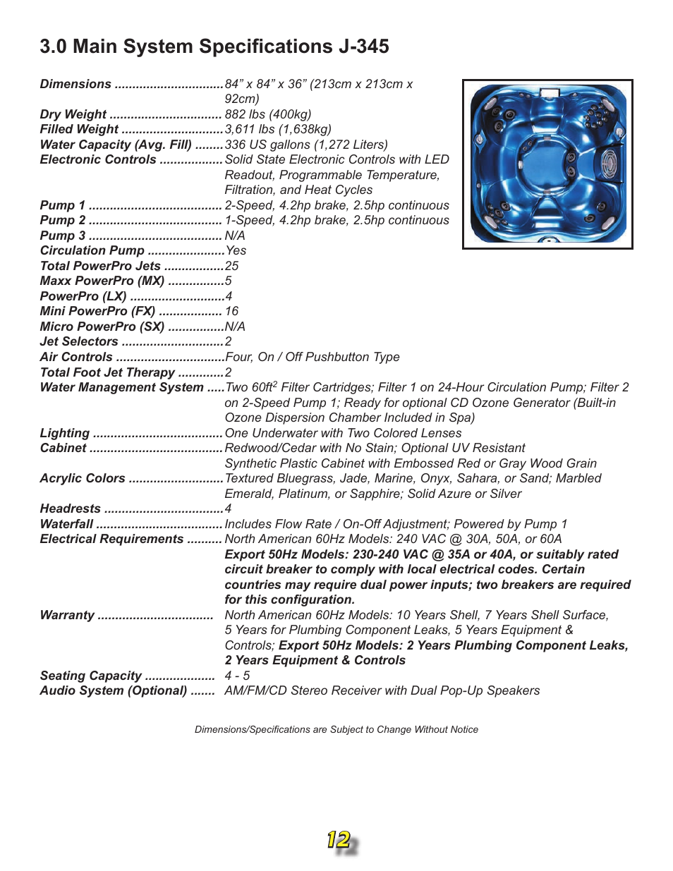 0 main system specifications, J-345 | Jacuzzi j315 User Manual | Page 12 / 62