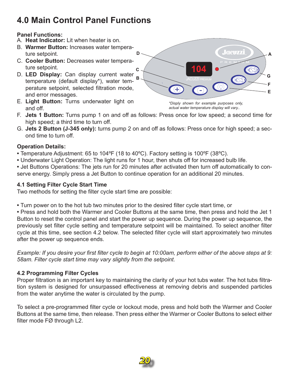 0 main control panel functions, 1 setting filter cycle start time, 2 programming filter cycles | Jacuzzi j315 User Manual | Page 20 / 62