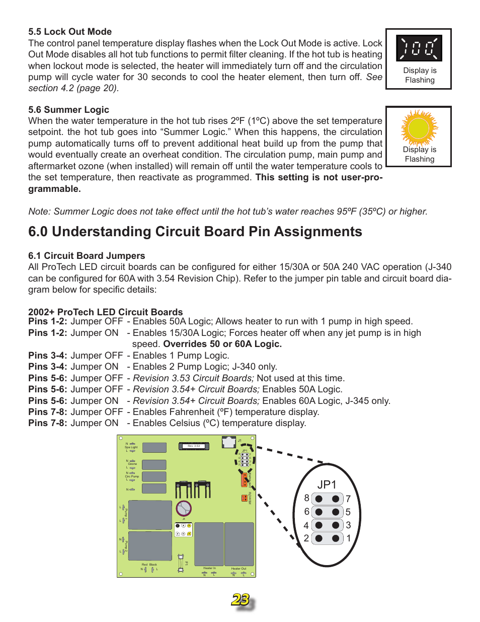 5 lock out mode, 6 summer logic, 0 understanding circuit board pin assignments | 1 circuit board jumpers, Display is flashing display is flashing | Jacuzzi j315 User Manual | Page 23 / 62