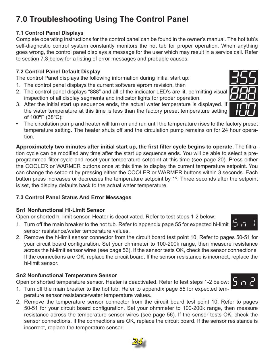 0 troubleshooting using the control panel, 1 control panel displays, 2 control panel default display | 3 control panel status and error messages | Jacuzzi j315 User Manual | Page 24 / 62