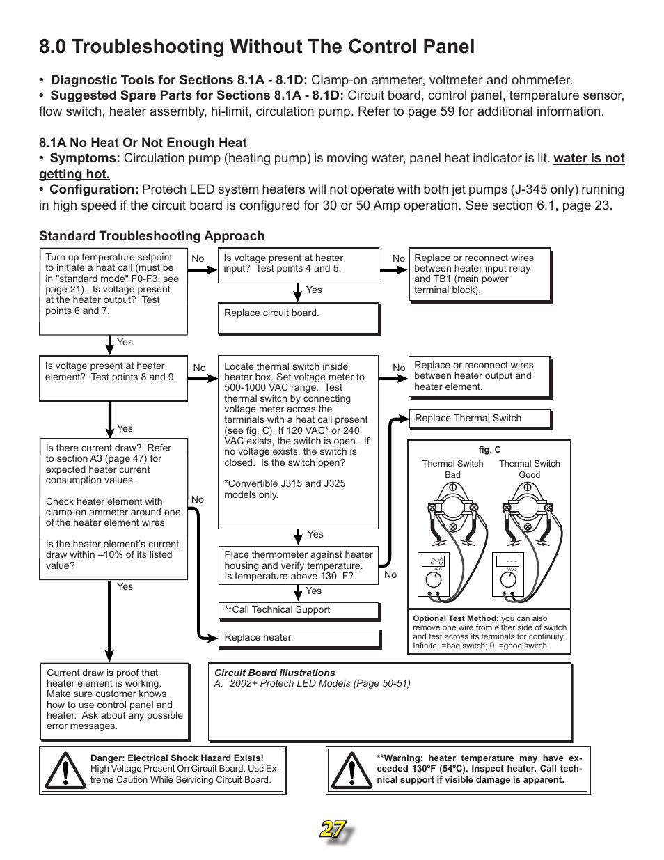 0 troubleshooting without the control panel, 1 no heat or not enough heat, 27 8.0 troubleshooting without the control panel | Jacuzzi j315 User Manual | Page 27 / 62