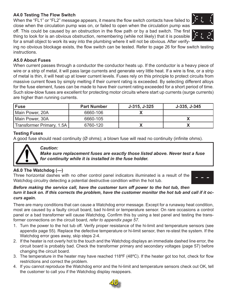 A4.0 testing the flow switch, A5.0 about fuses, A6.0 the watchdog (----) | Jacuzzi j315 User Manual | Page 48 / 62