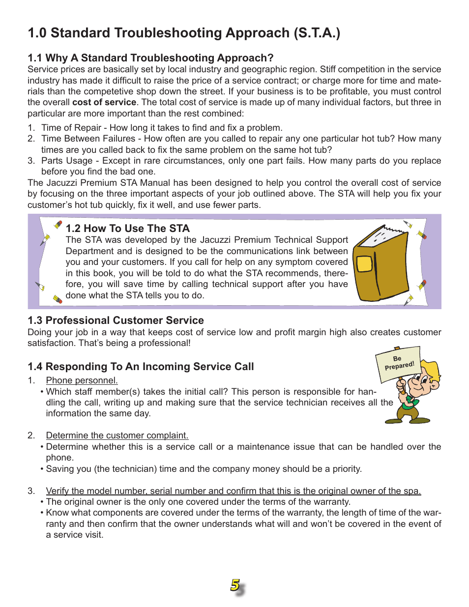 0 standard troubleshooting approach, 1 why a standard toubleshooting approach, 2 how to use the sta | 3 professional customer service, 4 responding to an incoming service call, 0 standard troubleshooting approach (s.t.a.) | Jacuzzi j315 User Manual | Page 5 / 62