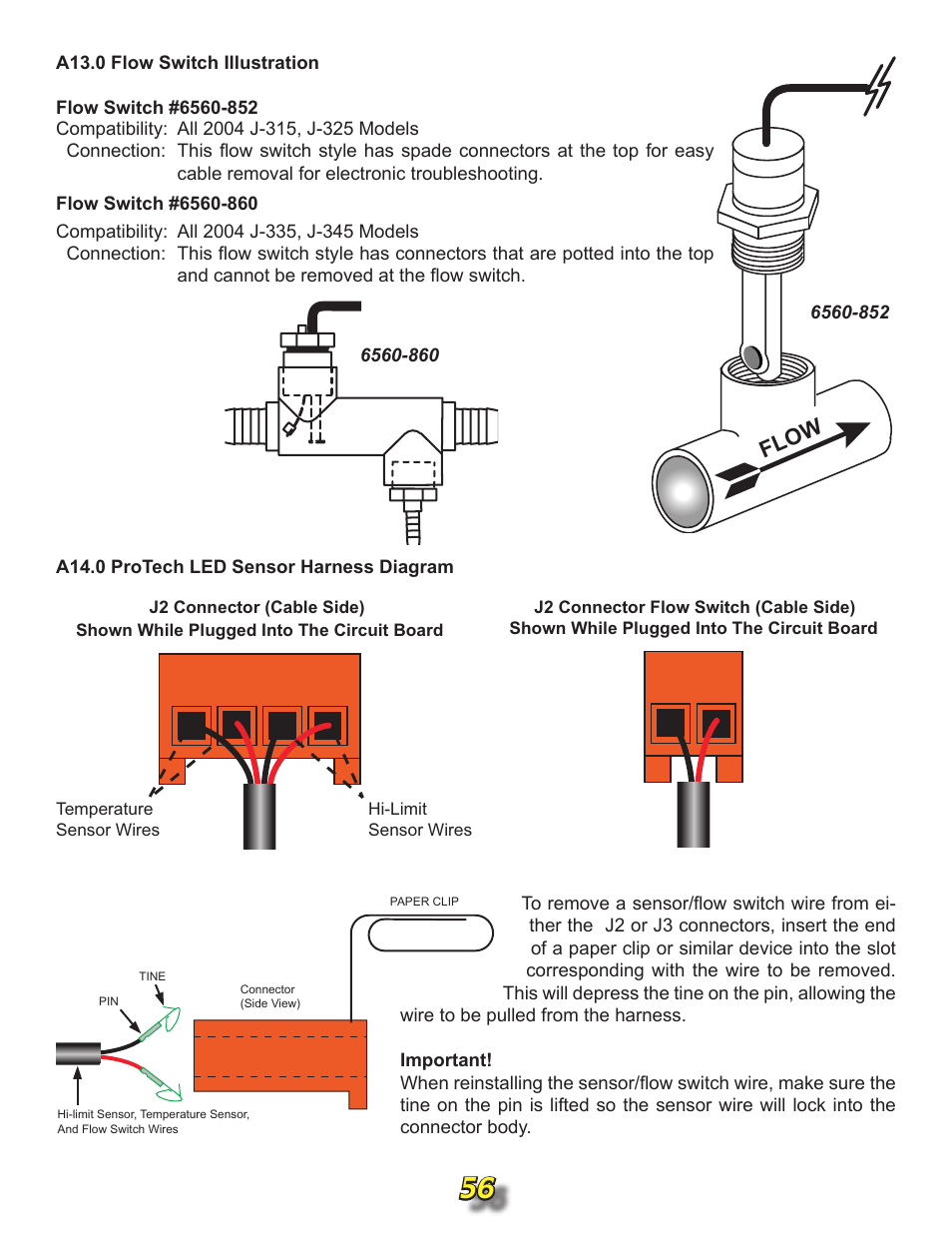 A13.0 flow switch illustration, A14.0 protech led sensor harness diagram, Flow | Jacuzzi j315 User Manual | Page 56 / 62