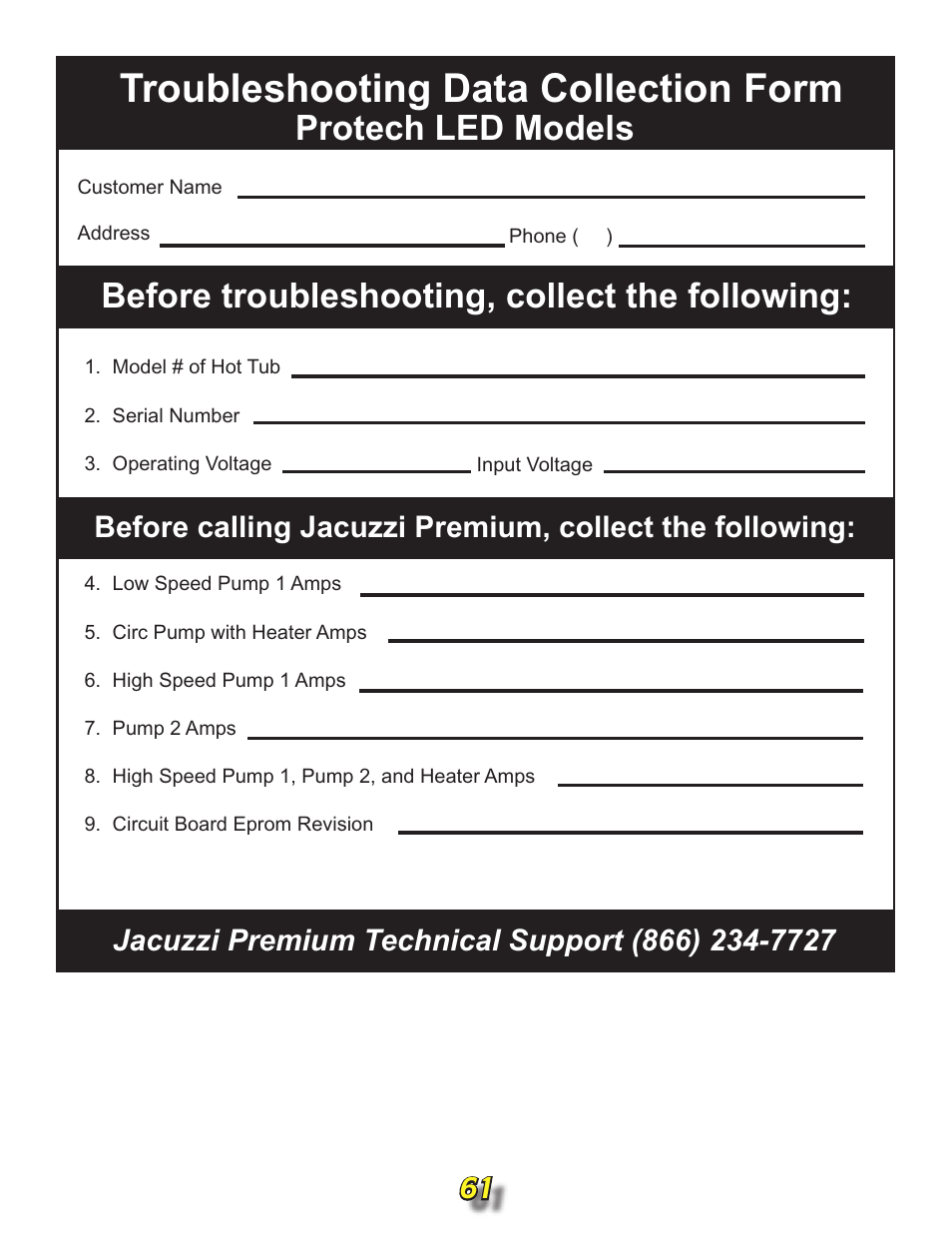 Troubleshooting data collection form | Jacuzzi j315 User Manual | Page 61 / 62