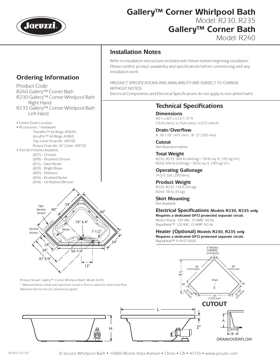 Gallery™ corner whirlpool bath, Gallery™ corner bath, Model: r240 | Ordering information, Technical speciﬁ cations, Product code, Dimensions, Drain/overﬂ ow, Cutout, Total weight | Jacuzzi Gallery R235-LH pump User Manual | Page 2 / 2