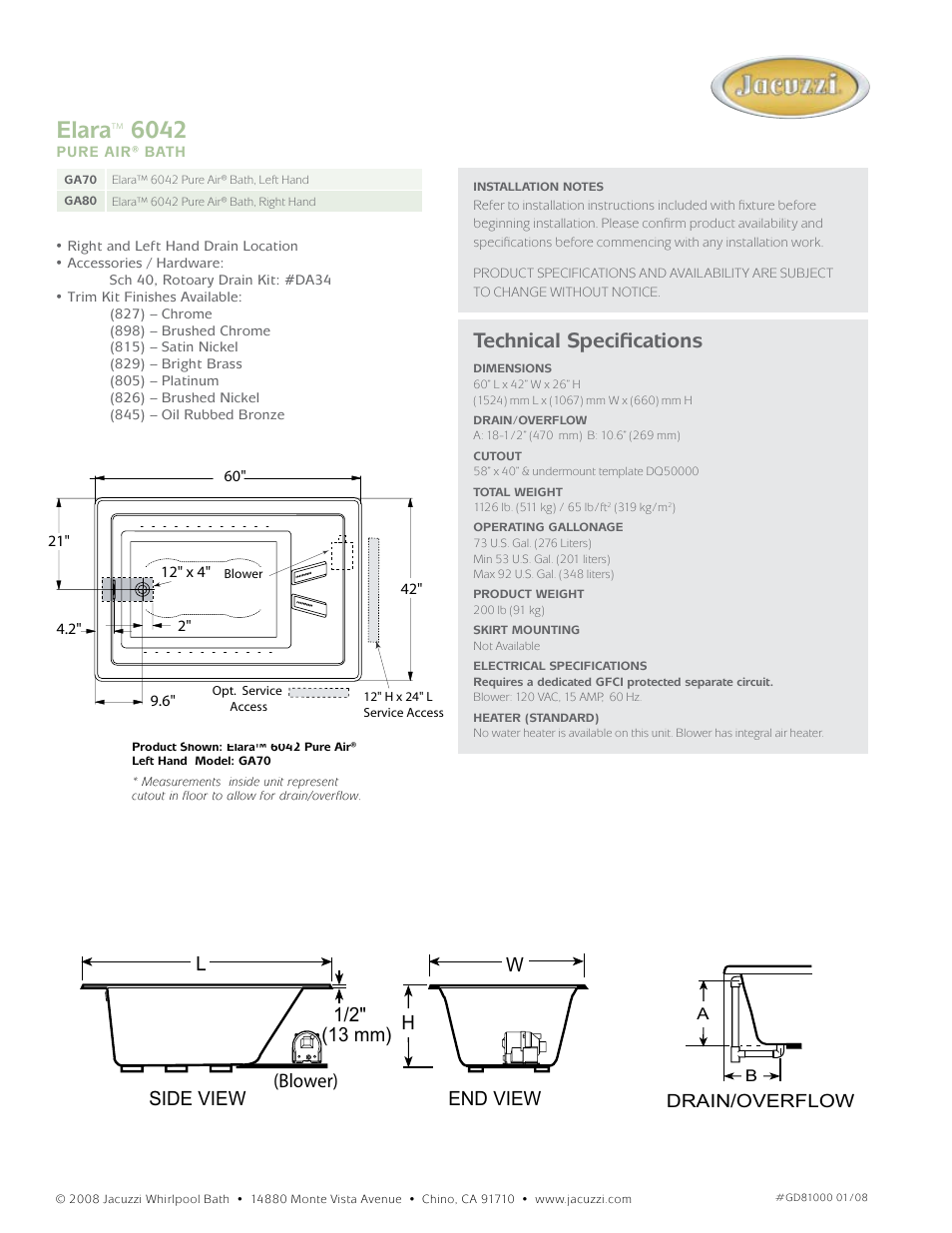 Elara, Technical specifications, End view h w side view l 1/2" (13 mm) (blower) | Jacuzzi Elara GA70 User Manual | Page 2 / 2