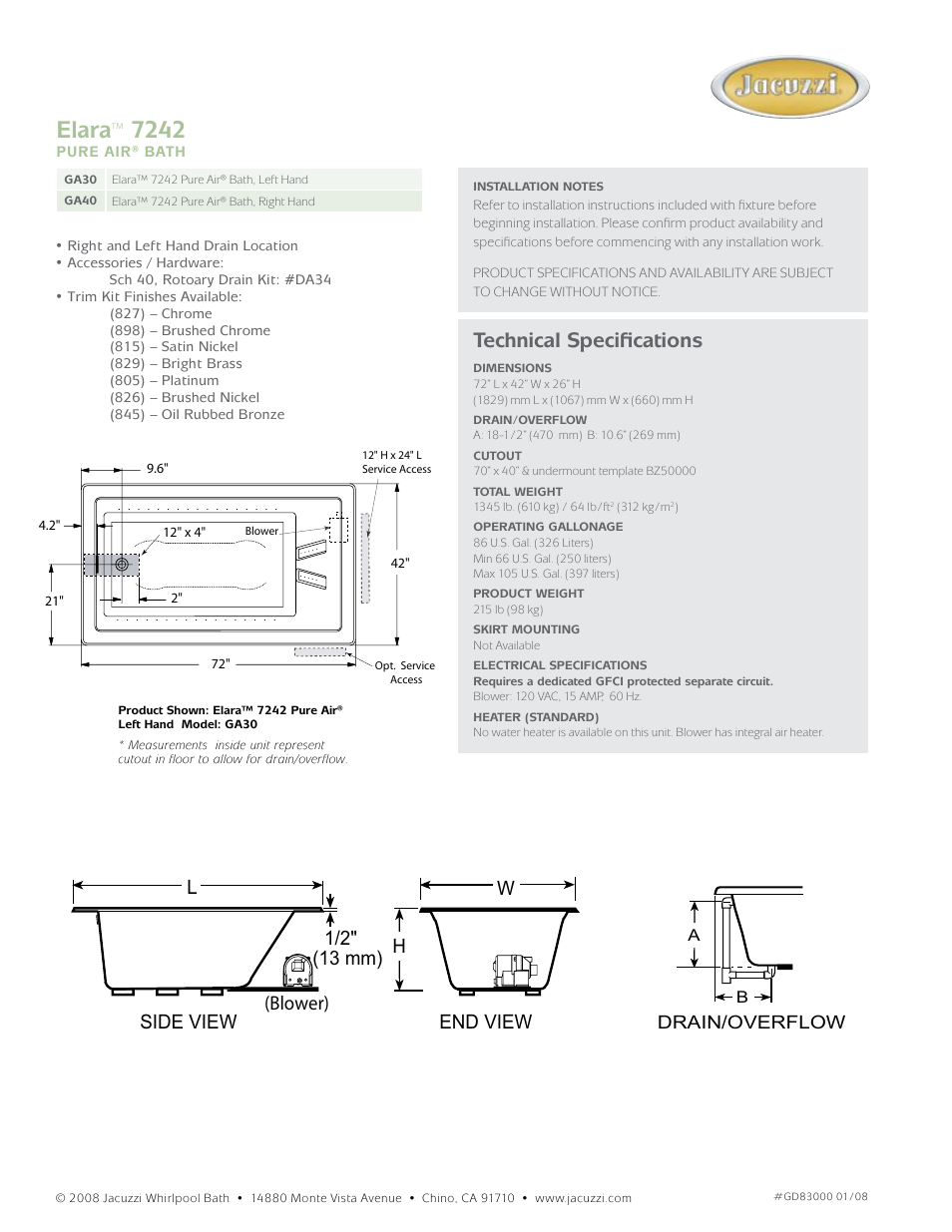 Elara, Technical specifications, End view h w side view l 1/2" (13 mm) (blower) | Drain/overflow | Jacuzzi Elara GA30 User Manual | Page 2 / 2