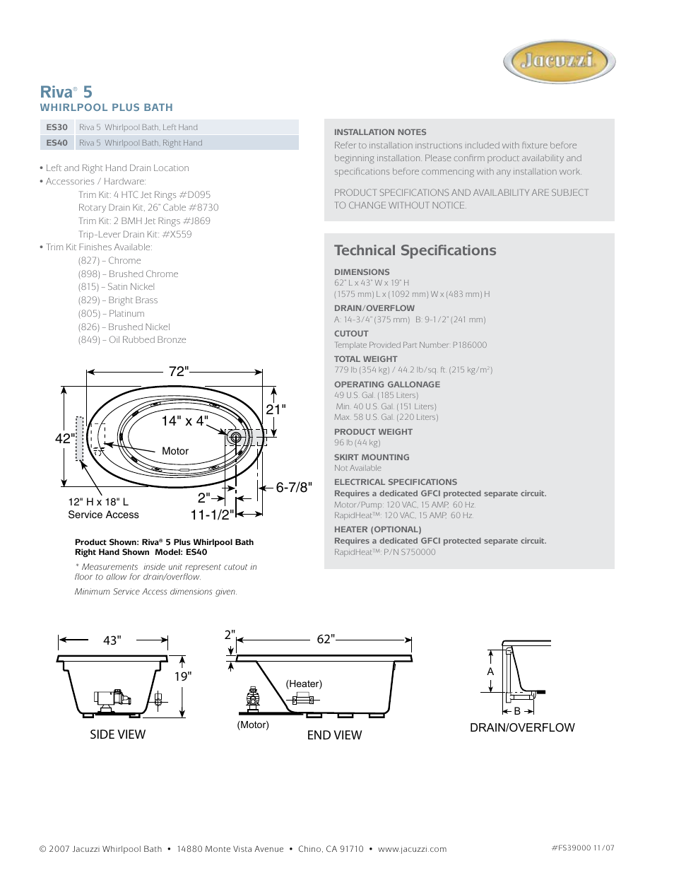 Riva, Technical specifications, Riva® 5 plus, right hand | Jacuzzi ES40 User Manual | Page 2 / 2