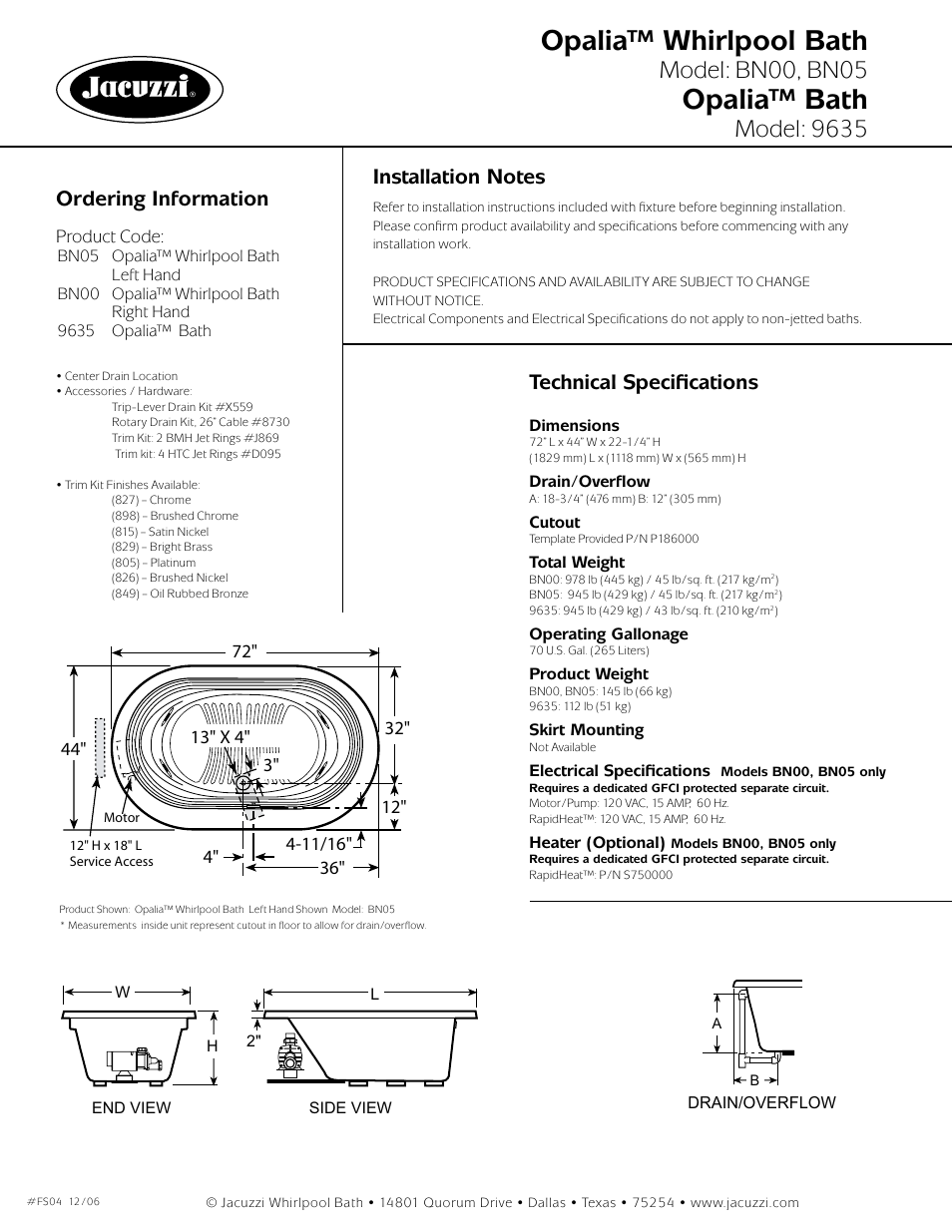 Opalia™ whirlpool bath, Opalia™ bath, Model: bn00, bn05 | Model: 9635, Ordering information, Technical specifications | Jacuzzi Opalia BN00 User Manual | Page 2 / 2