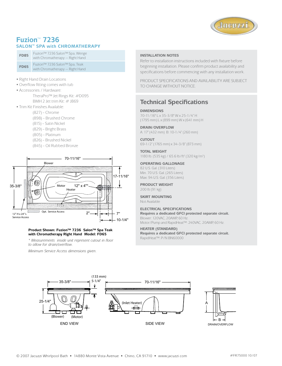 Fuzion, Technical specifications | Jacuzzi Fuzion FD65 User Manual | Page 2 / 2