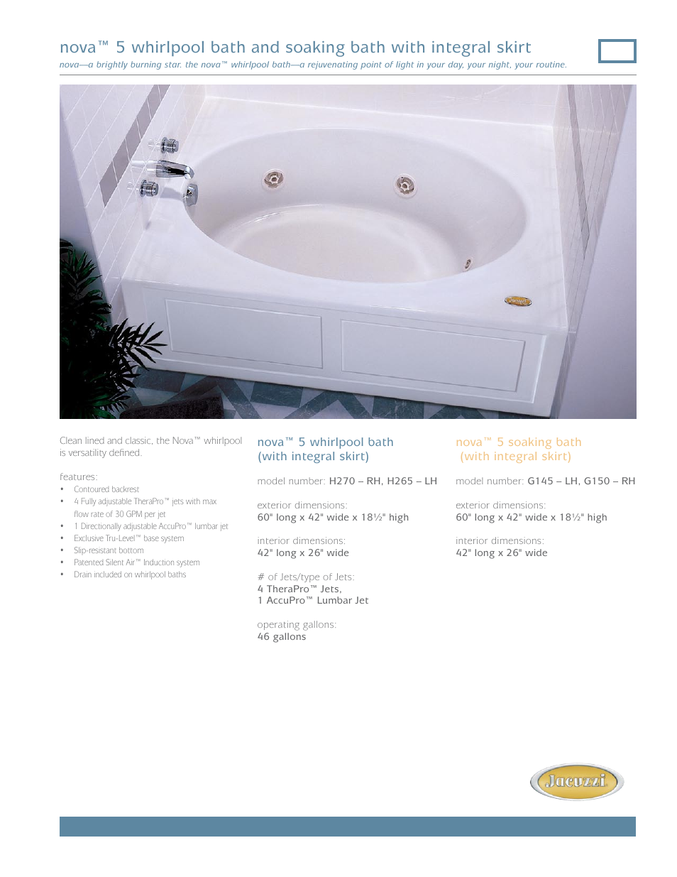 Jacuzzi Nova 5 Bath w/Skirt FR79 User Manual | 2 pages