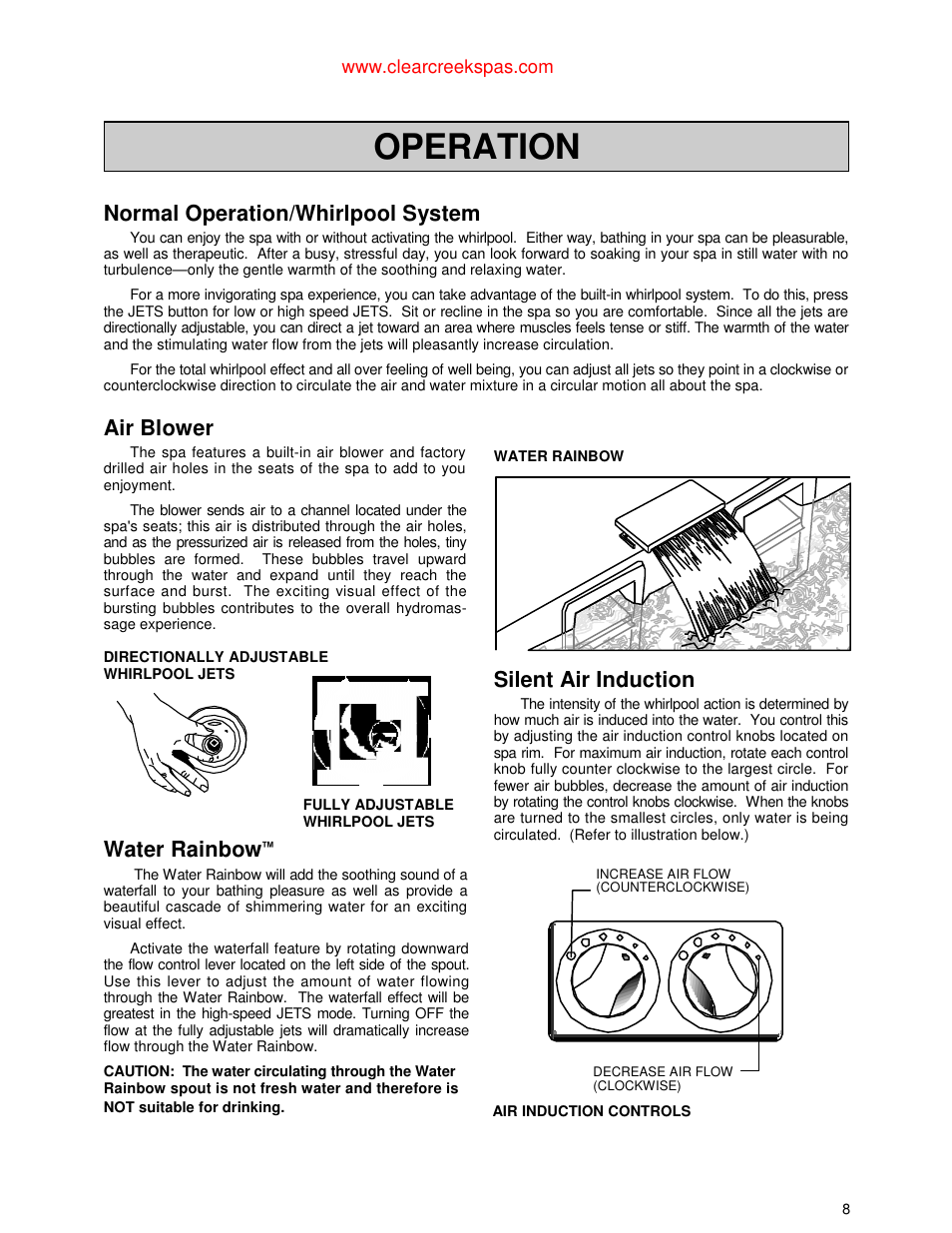Operation, Normal operation/whirlpool system, Air blower | Water rainbow, Silent air induction | Jacuzzi Whirlpool Spa User Manual | Page 10 / 24