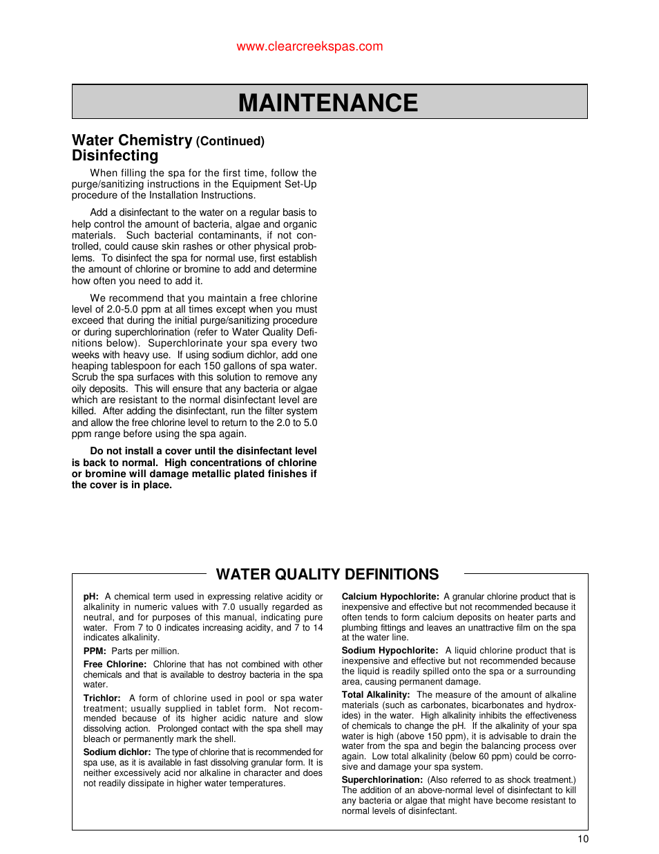 Maintenance, Water chemistry, Disinfecting | Water quality definitions | Jacuzzi Whirlpool Spa User Manual | Page 12 / 24