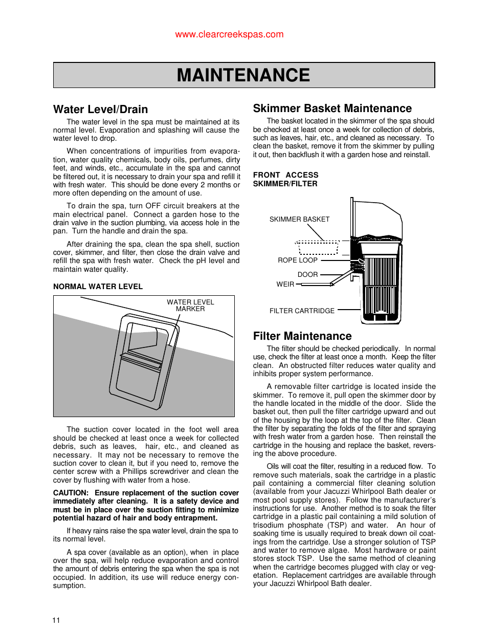 Maintenance, Water level/drain, Skimmer basket maintenance | Filter maintenance | Jacuzzi Whirlpool Spa User Manual | Page 13 / 24