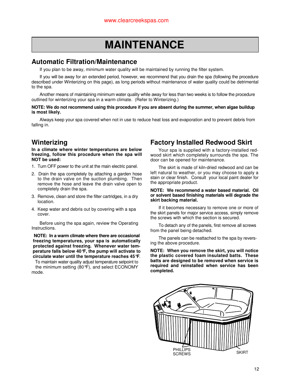Maintenance, Automatic filtration/maintenance, Winterizing | Factory installed redwood skirt | Jacuzzi Whirlpool Spa User Manual | Page 14 / 24