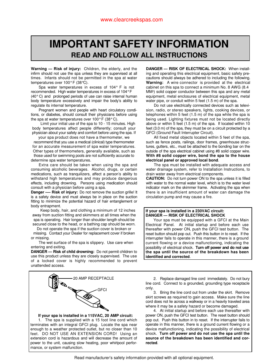Important safety information, Read and follow all instructions | Jacuzzi Whirlpool Spa User Manual | Page 2 / 24