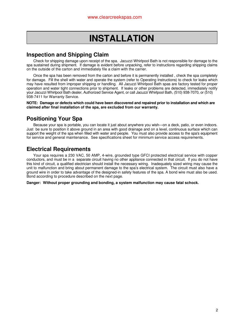 Installation, Inspection and shipping claim, Positioning your spa | Electrical requirements | Jacuzzi Whirlpool Spa User Manual | Page 4 / 24