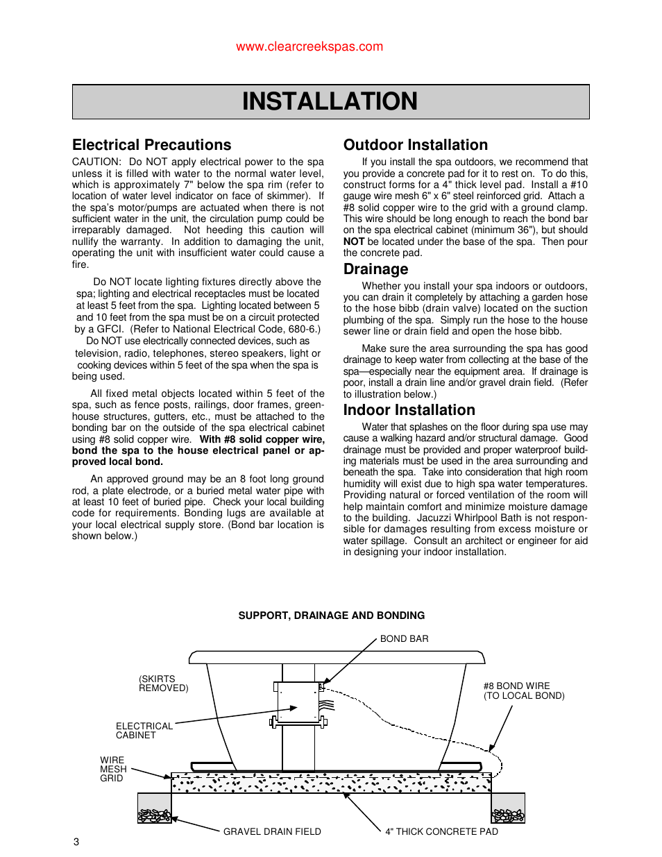 Installation, Electrical precautions, Outdoor installation | Drainage, Indoor installation | Jacuzzi Whirlpool Spa User Manual | Page 5 / 24