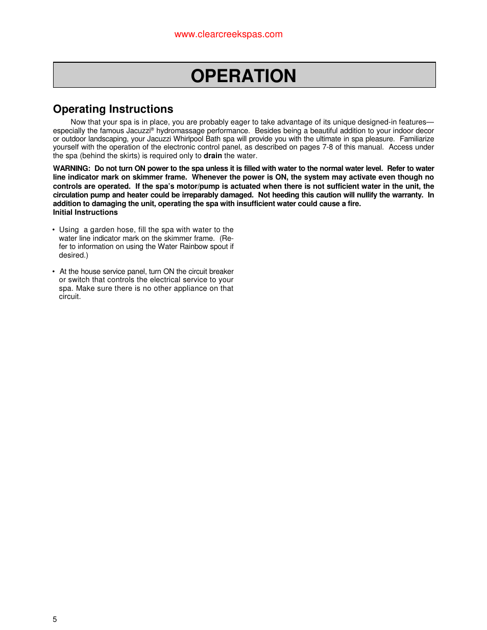 Operation, Operating instructions | Jacuzzi Whirlpool Spa User Manual | Page 7 / 24