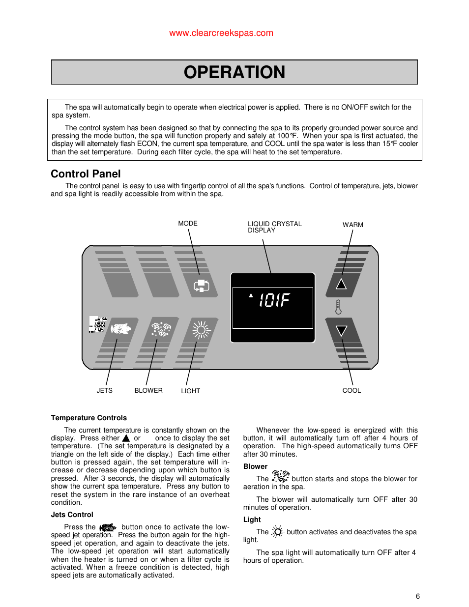 Operation, Control panel | Jacuzzi Whirlpool Spa User Manual | Page 8 / 24