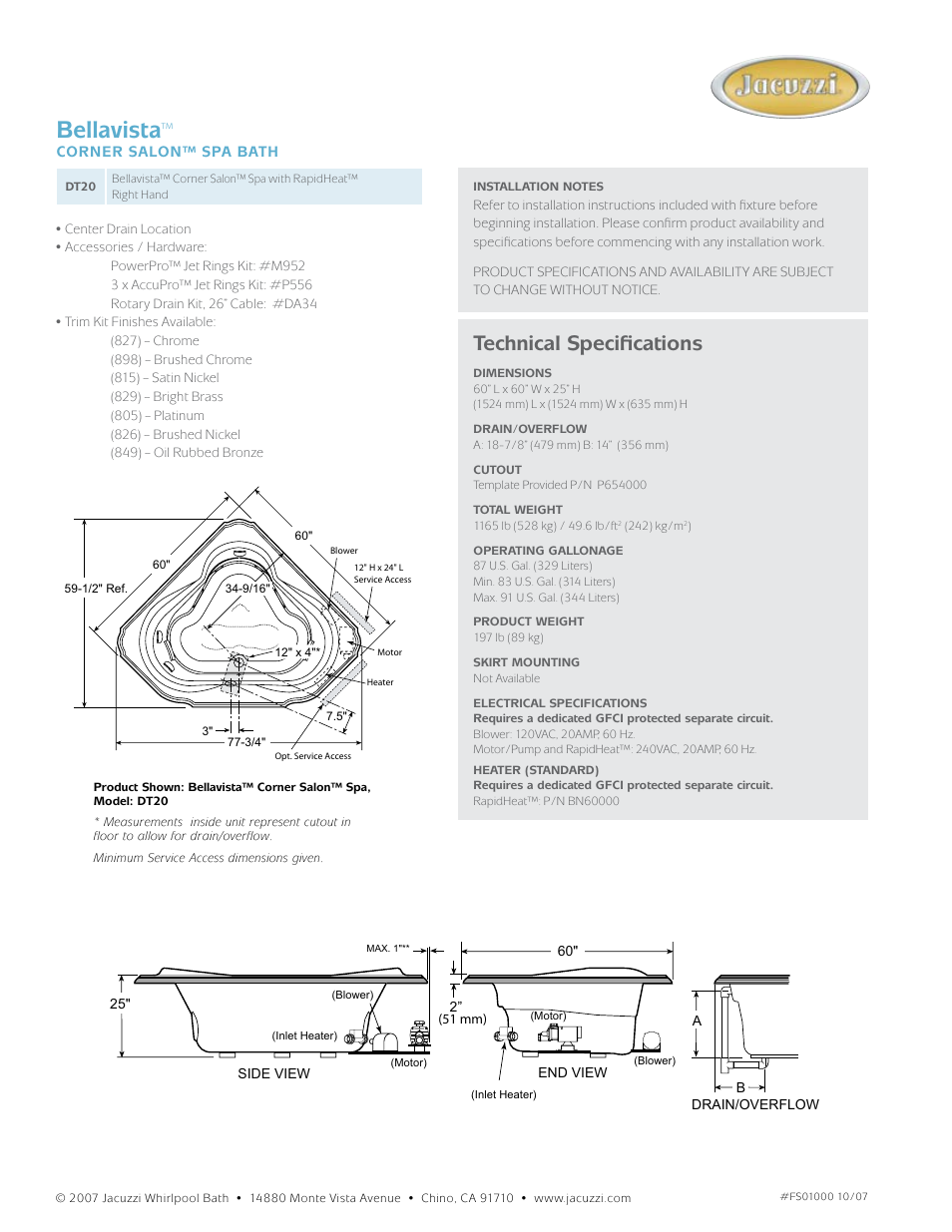 Bellavista, Technical specifications | Jacuzzi Bellavista DT20 User Manual | Page 2 / 2