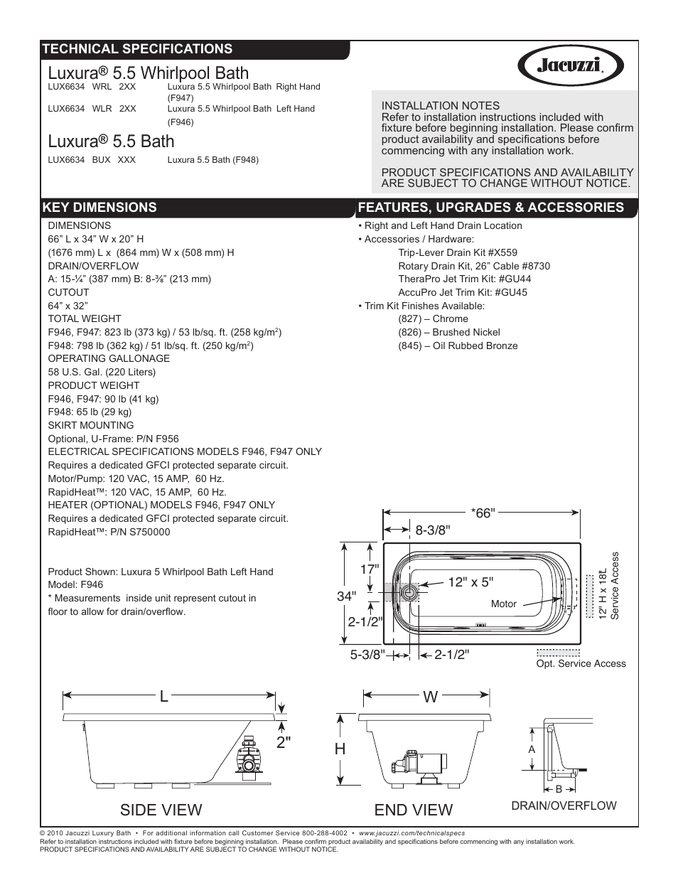 Jacuzzi LUXURA F946 User Manual | 1 page