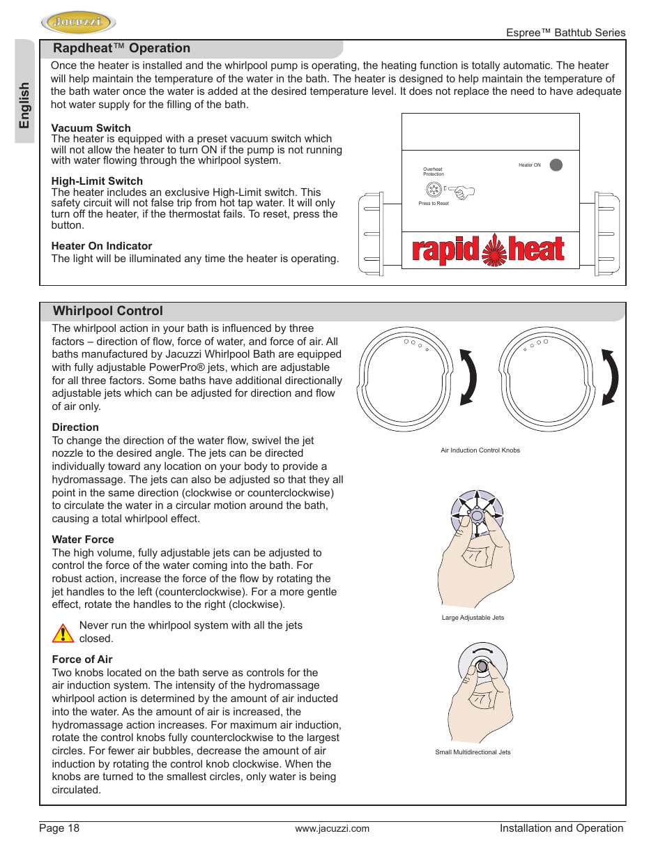English, Rapdheat ™ operation, Whirlpool control | Jacuzzi U961000 User Manual | Page 18 / 28